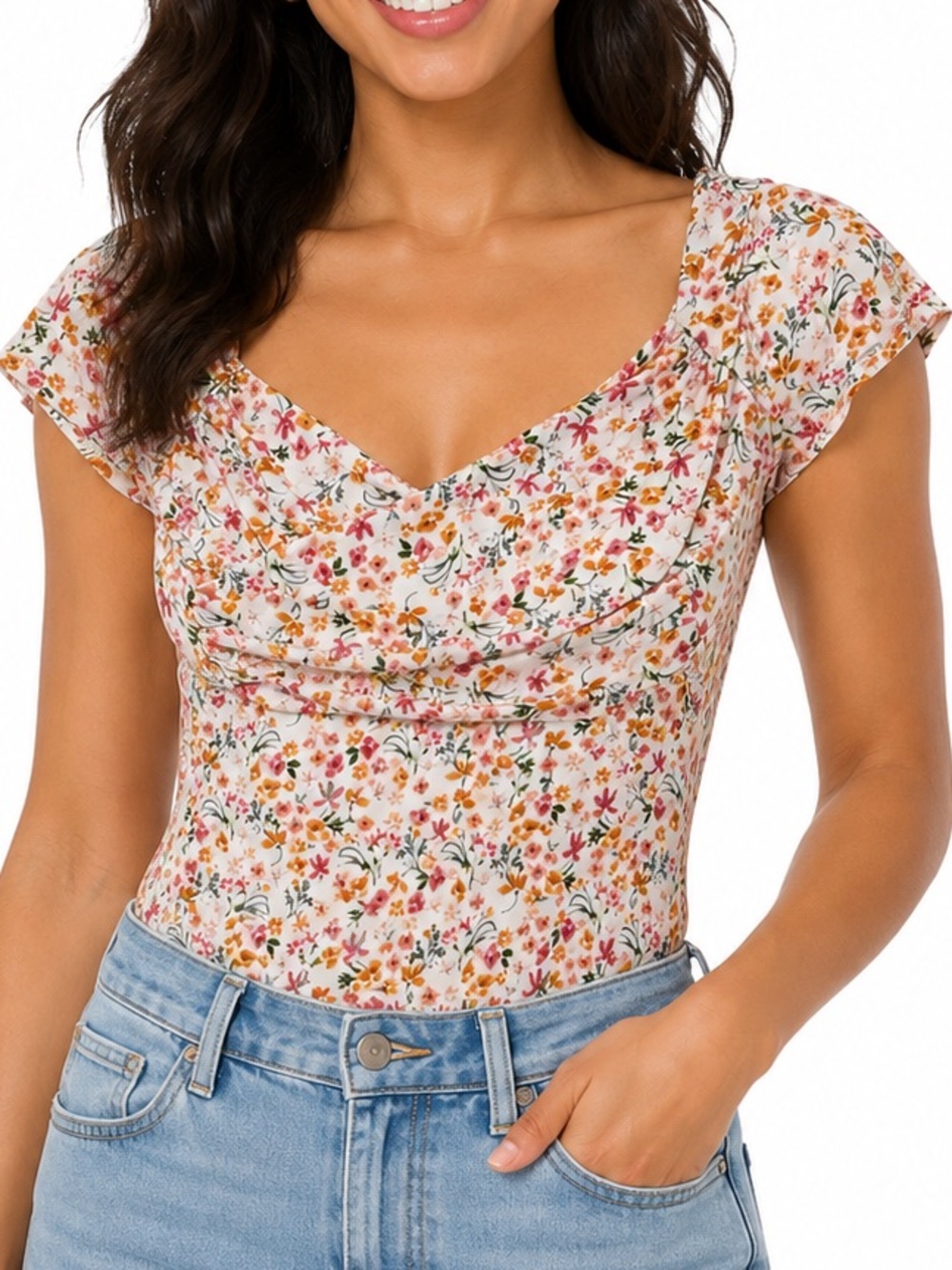 Lulu's Sweetest Nature Ivory Pink Floral Cap-Sleeve Sweetheart Neckline Bodysuit